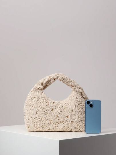 حقيبة يد نسيجية مزخرفة مفرغة للنساء، حقائب شاطئية بوهو ، حقيبة يد منقوشة عالية الجودة، محفظة قش عطلة نهاية الأسبوع ، ضروريات العطلات (النمط عشوائي)