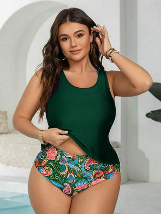 Swim Lushoire مجموعة من 3 قطع للمرأة بحجم كبير، طقم بوهيمي عتيق عشوائي الطباعة: توب قصير، تانكيني، ملابس سباحة