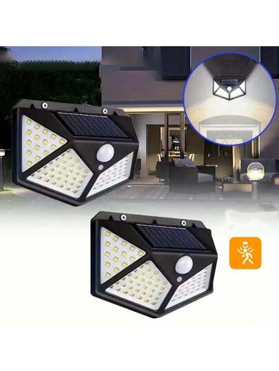 جهازين إنارة حدائق شمسية خارجية بمستشعر حركة، 100 لد، مقاوم للماء IP65، 1200 ملي أمبير، بقاعدة تركيب على الحائط لمدخل الباب، الحديقة، الكراج، باللون الأسود