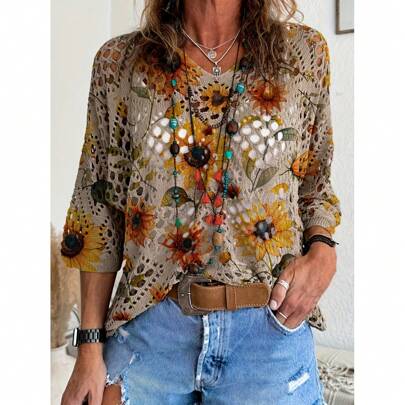 ملابس علوية كروشيه بياقة على شكل حرف V مطبوع بنقشة دوار الشمس بطراز البوهيمي، تصميم معقود بشكل ماسي، غطاء خفيف للشاطئ للنساء - مكشوف الكتف، مناسب للعطلات والمناسبات غير الرسمية والتخرج وحفلات الموسيقى الريفية