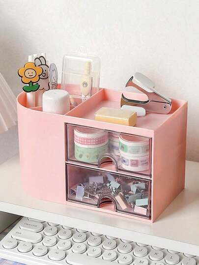 قطعة واحدة من منظم المكتب المصغر ب-2 درج ، حامل أقلام وأقلام رصاص متعدد الوظائف للمكتب ، صندوق تخزين قرطاسية وأدوات مكتبية بسيط وإبداعي للمدرسة والمكتب والسكن الجامعي ، منظم متعدد الأقسام ، منظم مستحضرات التجميل ، لوازم العودة إلى المدرسة ، هدية عيد