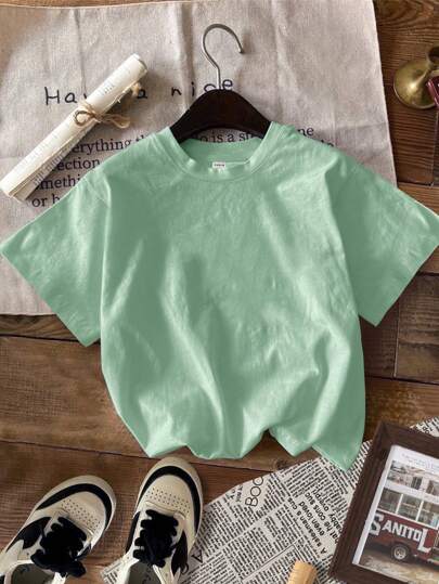 SHEIN تي شيرت تي شيرت قصير الأكمام بياقة مستديرة كاجوال للأولاد، مناسب للصيف