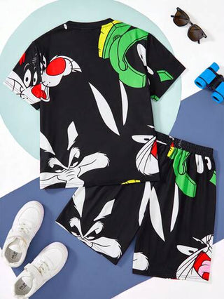 ملابس رياضية أطفال LOONEY TUNES X مجموعتان من تي شيرت كم قصير وشورت رياضي كاجوال للأولاد المراهقين بطبعات حيوانية كرتونية، مناسبة للربيع والصيف
