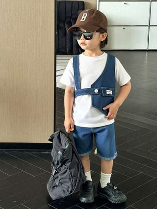 Genkimix Kids ثلاث قطع طقم صيفي عصري كوري للأولاد: سترة + تيشيرت أحادي اللون + شورت رياضي واسع الساق، طقم رياضي عصري وراحة