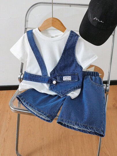 Genkimix Kids ثلاث قطع طقم صيفي عصري كوري للأولاد: سترة + تيشيرت أحادي اللون + شورت رياضي واسع الساق، طقم رياضي عصري وراحة