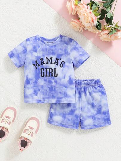 SHEIN بنات طقمين تي شيرت وشورت مطبوع بلون فوشيا باللون الأرجواني مع شعار " حب الأم "، أزياء رضع جذابة