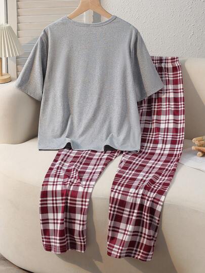 بيجاما مجموعة بيجاما بقميص كاجوال بأكمام قصيرة مطبوع بطباعة شبكية وحرف إنجليزي وبنطلون فضفاض قطعتان/المجموعة، للبنات