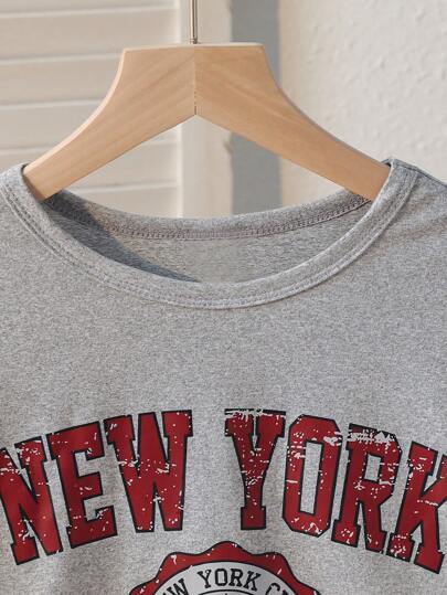 بيجاما مجموعة بيجاما بقميص كاجوال بأكمام قصيرة مطبوع بطباعة شبكية وحرف إنجليزي وبنطلون فضفاض قطعتان/المجموعة، للبنات