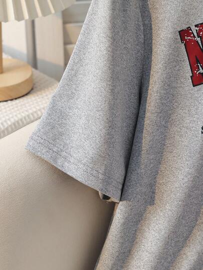 بيجاما مجموعة بيجاما بقميص كاجوال بأكمام قصيرة مطبوع بطباعة شبكية وحرف إنجليزي وبنطلون فضفاض قطعتان/المجموعة، للبنات