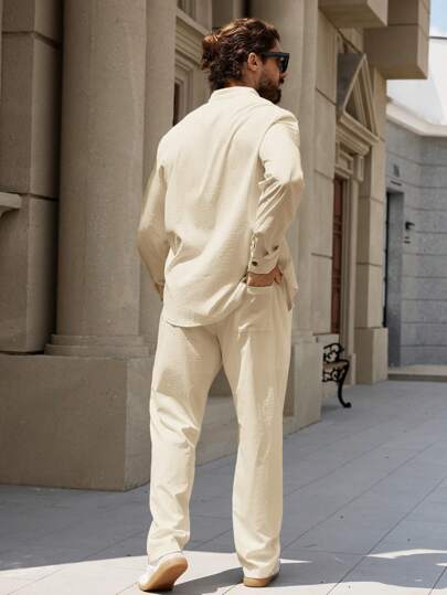 Manfinity RelaxMax بدلة كاجوال للرجال ذات لون واحد أكمام طويلة قميص أحادي الصدر وبنطلون