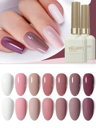 XEIJAYI مجموعة ألوان موف وزهري 15مل لطلاء الأظافر ب-7 ألوان لصالونات الأظافر، مقاوم للنقع تحت أشعة الأشعة فوق البنفسجية والصمام الثنائي، مناسب للبنات