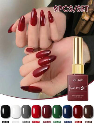 XEIJAYI طقم لاك جل أظافر أحمر وأسود 9 قطع 15 مل من XEIJAYI، جل أظافر يزال بالنقع تحت الأشعة فوق البنفسجية أو LED، طلاء أظافر سائل طويل الأمد، ألوان كلاسيكية لطلاء الأظافر