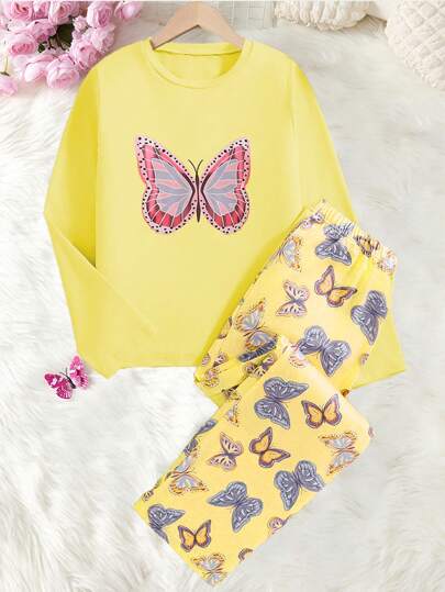 بيجاما موضة خفيفة للديكور المنزلي للربيع والخريف للبنات، تتميز بتصميم طباعة الفراشات الرقيقة والأنيقة على قمصان بأكمام طويلة وبنطلونات مليئة بطبعات الفراشات. مناسبة للديكور المنزلي العفوي