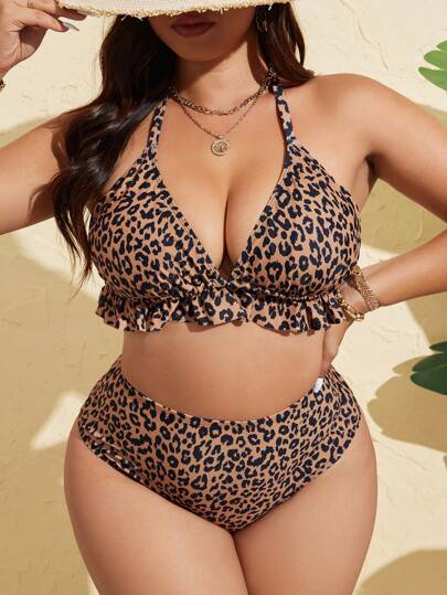 Swim SXY طقم بكيني قطعتين مزين بطباعة جلد النمر مع رباطات للمرأة كبيرة الحجم