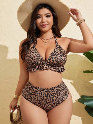 Swim SXY طقم بكيني قطعتين مزين بطباعة جلد النمر مع رباطات للمرأة كبيرة الحجم