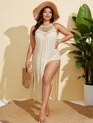 Swim Vcay فستان كبير الحجم للنساء سادة الألوان بقلاب الرقبة مثقوب بالكروشيه ضيق مثير لتغطية البحر