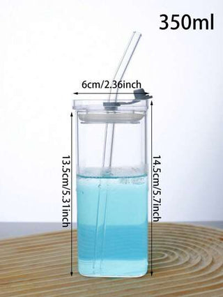 1 قطعة كوب زجاجي شفاف مربع مع القش والغطاء ، كوب شرب زجاجي قابل لإعادة الاستخدام بتصميم أنيق لتناول القهوة المثلجة والمياه والعصير والمشروبات الباردة ، مناسب للاستخدام المنزلي والمكتبي والتنقل ، هدية عيد الأم