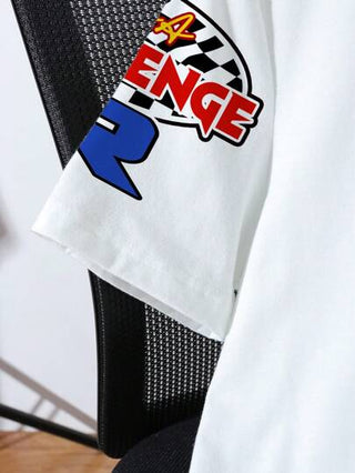 EZwear تيشيرت نسائي بأكمام قصيرة رقبة دائرية فضفاض بطبعة شعار لوجو سباق رياضي أسلوب بسيط وعادي، مناسب للربيع والصيف