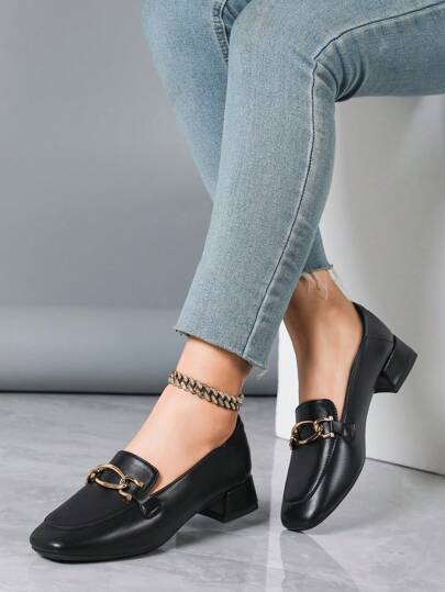 أحذية عمل كاجوال متعددة الاستخدامات ذات كعب سميك للنساء ، لوفرز بتصميم مربع للأصابع، للربيع والخريف والشتاء