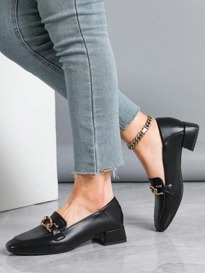 أحذية عمل كاجوال متعددة الاستخدامات ذات كعب سميك للنساء ، لوفرز بتصميم مربع للأصابع، للربيع والخريف والشتاء