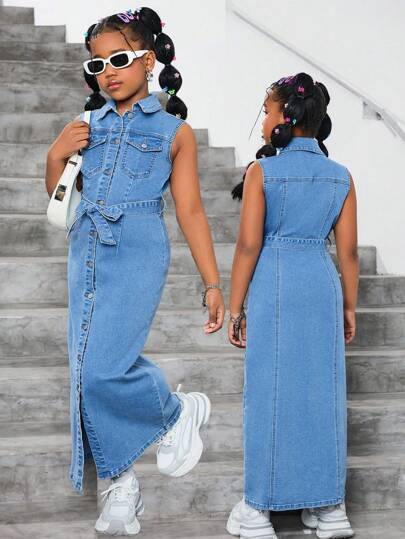 تيشيرتات بناتي فستان بلوزة ذو ياقة كلاسيكية بدون أكمام من الجينز الأزرق للبنات المراهقات، ملابس بنات للربيع والصيف، ملابس عطلة الربيع