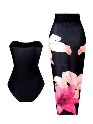 SHEIN Swim Curve مجموعة بدلة سباحة قطعة واحدة مطبوعة بالإضافة إلى تنورة غطاء للصيف، مقاسات كبيرة