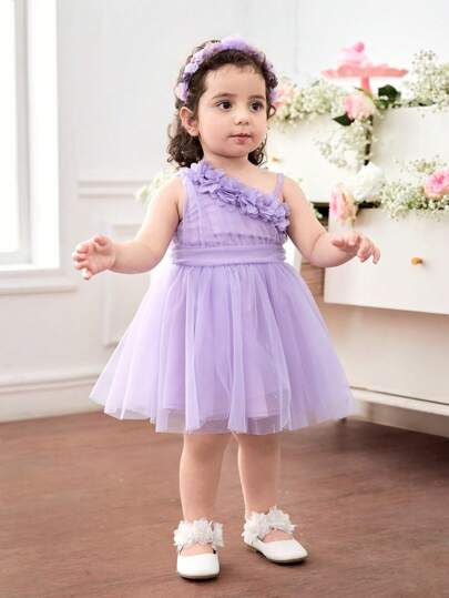 فساتين بيبي فستان أنيق مزهر بالشبكة باللون البنفسجي الجذاب للرضيعات في الصيف