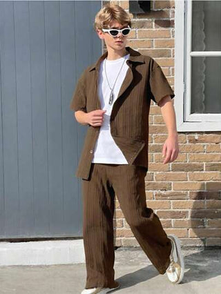 مجموعة من 2 قطعة قميص بأكمام قصيرة وبنطال طويل بنمط عادي مناسب للمراهقين ذوي الطراز الكاجوال والرياضي للخارج