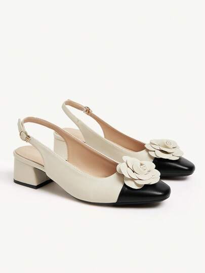 CUCCOO CHICEST كعب عالي للنساء بنعل سميك بطبعات زهرية بيضاء وفتحة أنبوبية