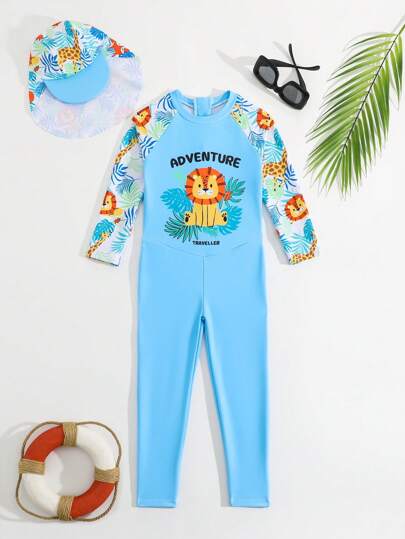 مايوه أولادي بدلة سباحة قطعة واحدة بأكمام طويلة مطبوعة برسوم أحرف وأسد للأولاد الصغار، بطبعات مركزية في المقدمة، وطبعات عشوائية على الأكمام