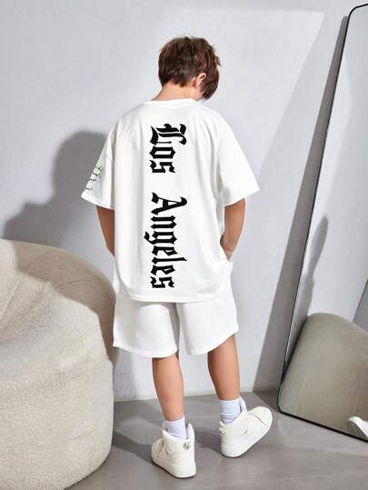 مجموعة تي شيرت كم قصير برقبة دائرية مع شورت خصر مرن للمراهقين - بتصميم رسوم جرافيتي وطباعة حروف، مناسبة للخريف والربيع والصيف، للعب في الهواء الطلق والمدرسة والتصوير الشارعي والحفلات والارتداء اليومي