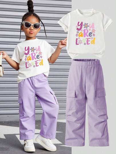 تيشيرتات بناتي مجموعة ملابس علوية كم قصير بطباعة حروف وبنطلون كارجو عادي للصيف للفتاة الشابة