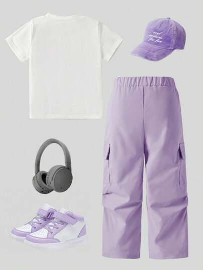 تيشيرتات بناتي مجموعة ملابس علوية كم قصير بطباعة حروف وبنطلون كارجو عادي للصيف للفتاة الشابة