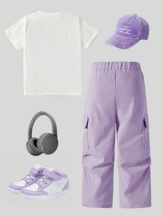 تيشيرتات بناتي مجموعة ملابس علوية كم قصير بطباعة حروف وبنطلون كارجو عادي للصيف للفتاة الشابة