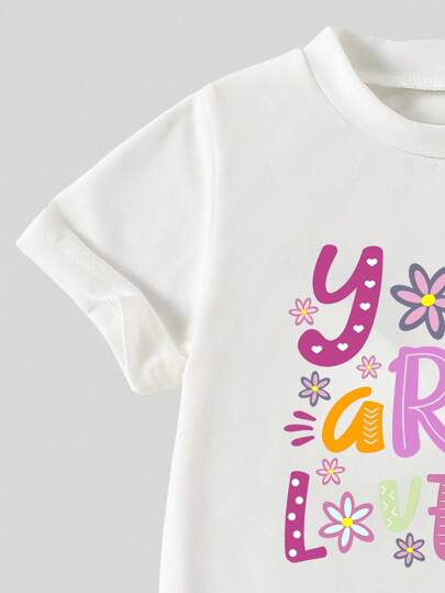 تيشيرتات بناتي مجموعة ملابس علوية كم قصير بطباعة حروف وبنطلون كارجو عادي للصيف للفتاة الشابة