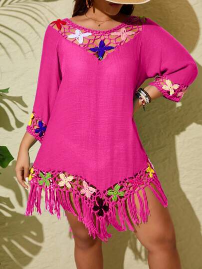 Swim Lushoire عبارة عن معطف محبوك سائب بغطاء للرأس مع شرابات ، أكمام متوسطة الطول مقاس كبير الحجم