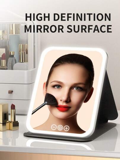 مرآة مكياج بإضاءة LED بضوابط لمس، 3 أوضاع إضاءة ملونة، شحن USB، بطارية قابلة للشحن، سطوع قابل للتعديل، تصميم قابل للطي محمول، مرآة تجميل مع إضاءة أمامية للمنزل والغرفة والمكتب، مرآة تجميل محمولة للسفر.