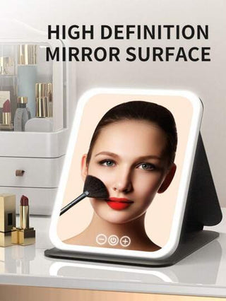مرآة مكياج بإضاءة LED بضوابط لمس، 3 أوضاع إضاءة ملونة، شحن USB، بطارية قابلة للشحن، سطوع قابل للتعديل، تصميم قابل للطي محمول، مرآة تجميل مع إضاءة أمامية للمنزل والغرفة والمكتب، مرآة تجميل محمولة للسفر.
