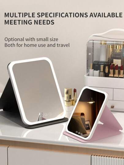مرآة مكياج بإضاءة LED بضوابط لمس، 3 أوضاع إضاءة ملونة، شحن USB، بطارية قابلة للشحن، سطوع قابل للتعديل، تصميم قابل للطي محمول، مرآة تجميل مع إضاءة أمامية للمنزل والغرفة والمكتب، مرآة تجميل محمولة للسفر.