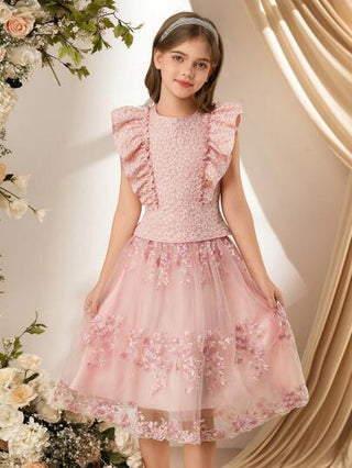 girls-sets مجموعة فتاة تشمل توب مع كشكش منسوج وتنورة مفرقعة بطبعة زهور شبكية ، بلون وردي فاتح، أنيقة وفخمة