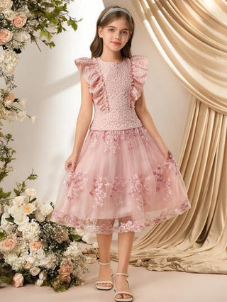 girls-sets مجموعة فتاة تشمل توب مع كشكش منسوج وتنورة مفرقعة بطبعة زهور شبكية ، بلون وردي فاتح، أنيقة وفخمة