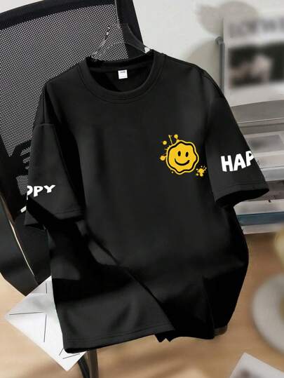 تي شيرت رقبة طاقم للأولاد المراهقين بطبعة شعار وابتسامة، تي شيرت صيفي كاجوال ناعم