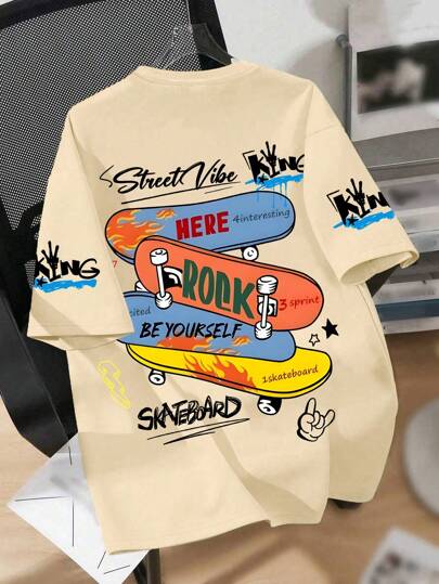 قميص كاجوال صيفي بياقة طاقم مطبوع بطباعة لوح التزحلق للأولاد المراهقين، ألوان ناعمة