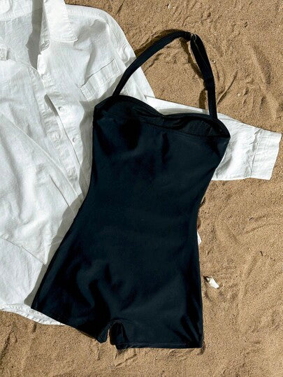 SHEIN بدلة سباحة للفتيات المراهقات بحلة واحدة باللون الأسود مع كشكشة على الرقبة الحالك ، ملابس سباحة مبسطة مناسبة