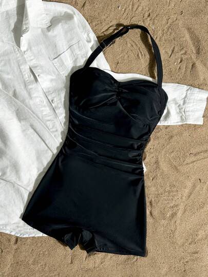 SHEIN بدلة سباحة للفتيات المراهقات بحلة واحدة باللون الأسود مع كشكشة على الرقبة الحالك ، ملابس سباحة مبسطة مناسبة