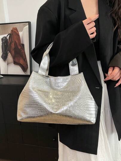 حقيبة كروكو معدنية لامعة ذات نسيج التماسيح، حقيبة يد واسعة السعة بألوان الحلوى للنساء، مناسبة للمدرسة والتنقل والتسوق