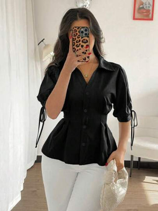 Franclia بلوزة نسائية أنيقة قصيرة الأكمام، بتصميم خصر مضبوط وأكمام منفوشة، مضفرة
