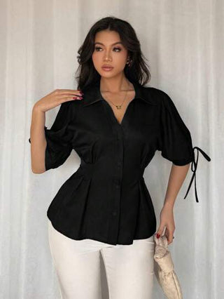 Franclia بلوزة نسائية أنيقة قصيرة الأكمام، بتصميم خصر مضبوط وأكمام منفوشة، مضفرة
