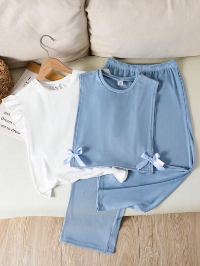 تيشيرتات بناتي 3 قطع مجموعة سترة مخملية بفيونكة مع تي شيرت أكمام بيضاء وبنطلون بفضفاض للبنات، أنيقة وبسيطة