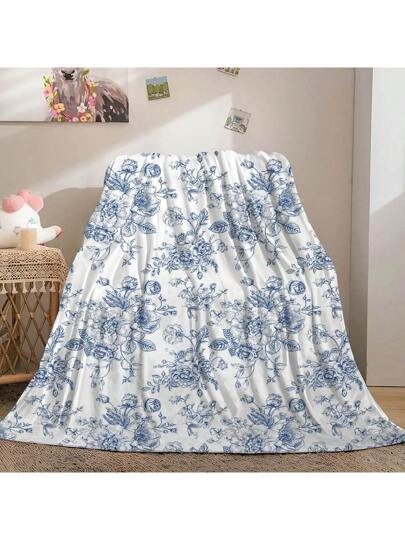 1 بطانية صوفية بزهور زرقاء - بطانية ناعمة ودافئة للجميع المواسم، مناسبة للأريكة والسرير والتخييم، بطراز رجعي، قابلة للغسل بالغسالة، بطانية للتخييم | ملحق فراش مريح | بطانية هدية 200x150 سم